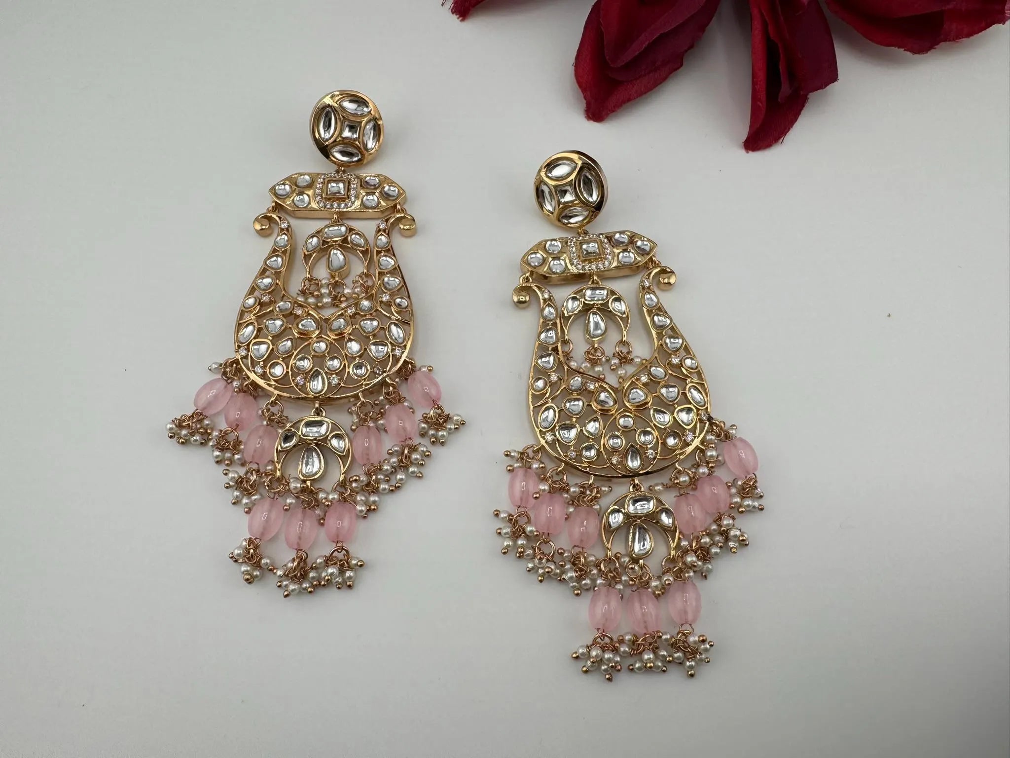 Tyaani inspired Premium Uncut Kundan, Pink Pearls, CZ designer earrings/Long Chandelier earrings