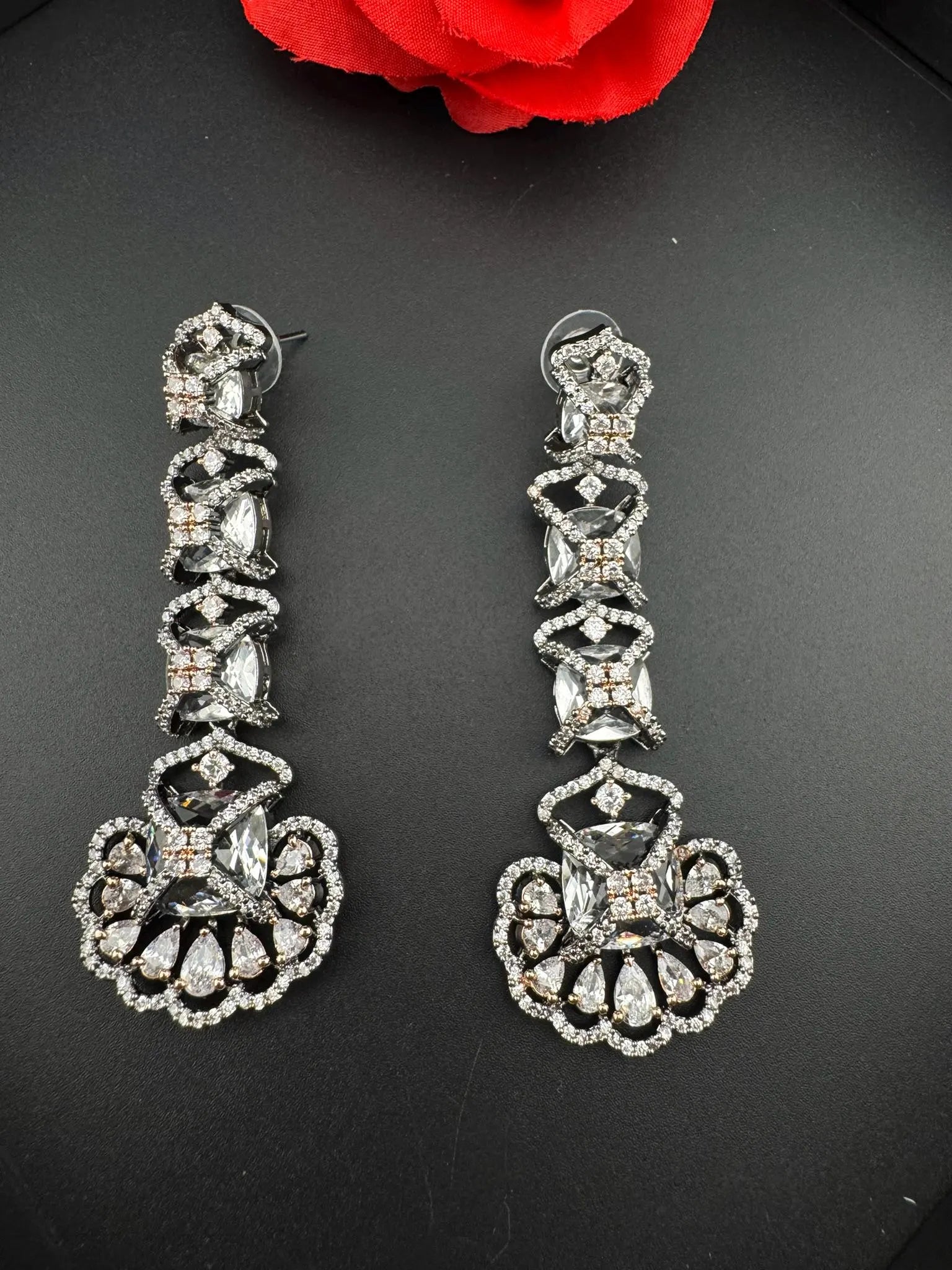 Premium Victorian Rose Gold Nano Setting Cubic Zirconia and Clear stones Long earrings