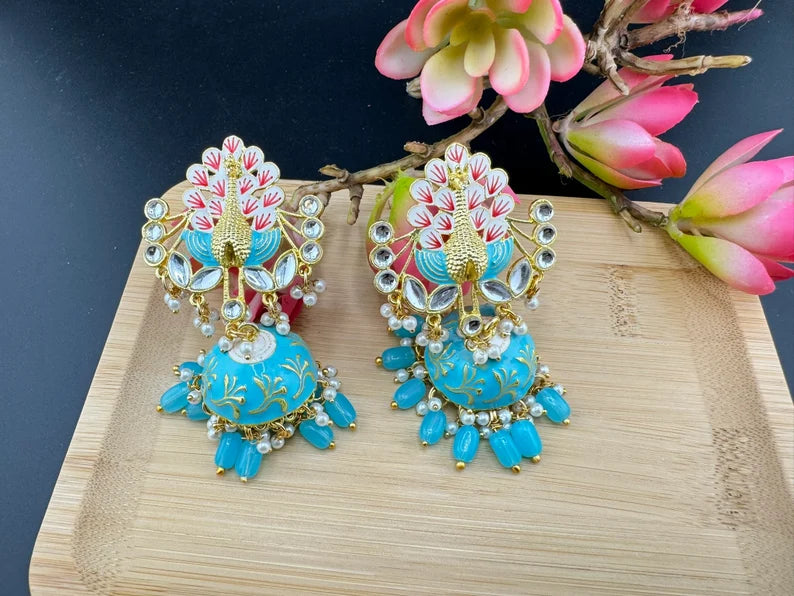 Peacock Jhumka Earrings with Kundan, Minakari, CZ and pearls in Gold Polish