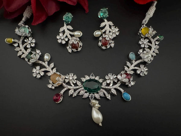 Rama Green Premium American Diamond, Cubic Zirconia, stones and pearls Floral Necklace with earrings