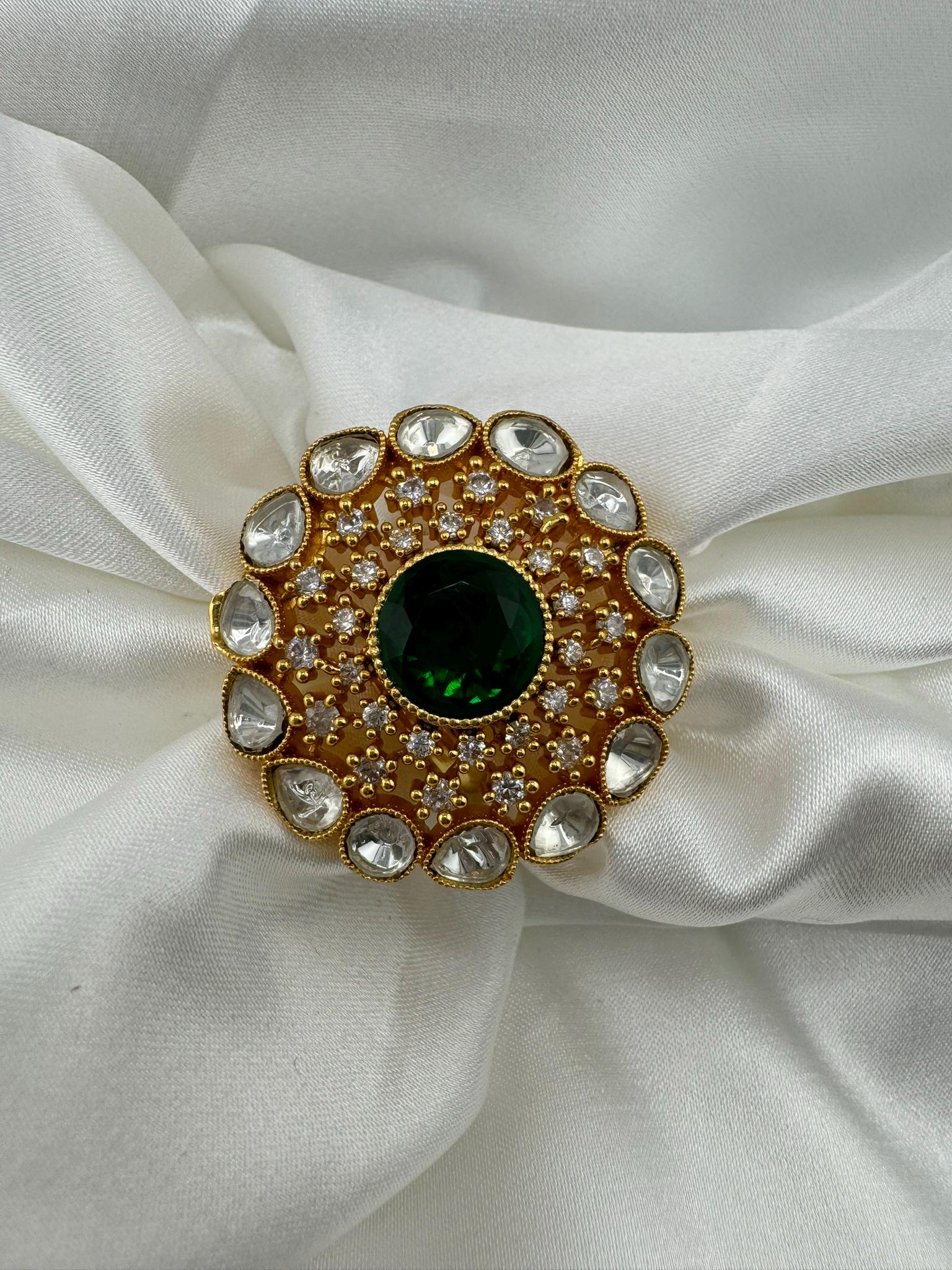 Adjustable Premium Big Finger Ring with Moissanite Kundan and Cubic Zirconia