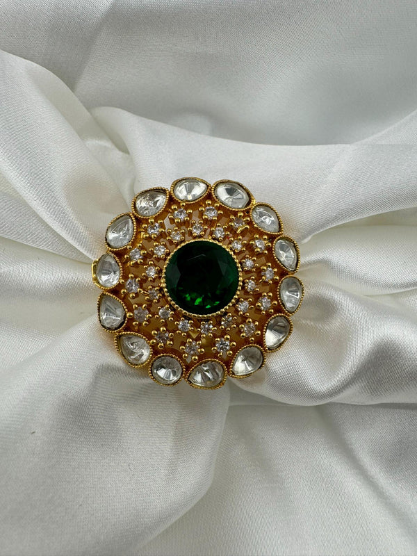 Adjustable Premium Big Finger Ring with Moissanite Kundan and Cubic Zirconia