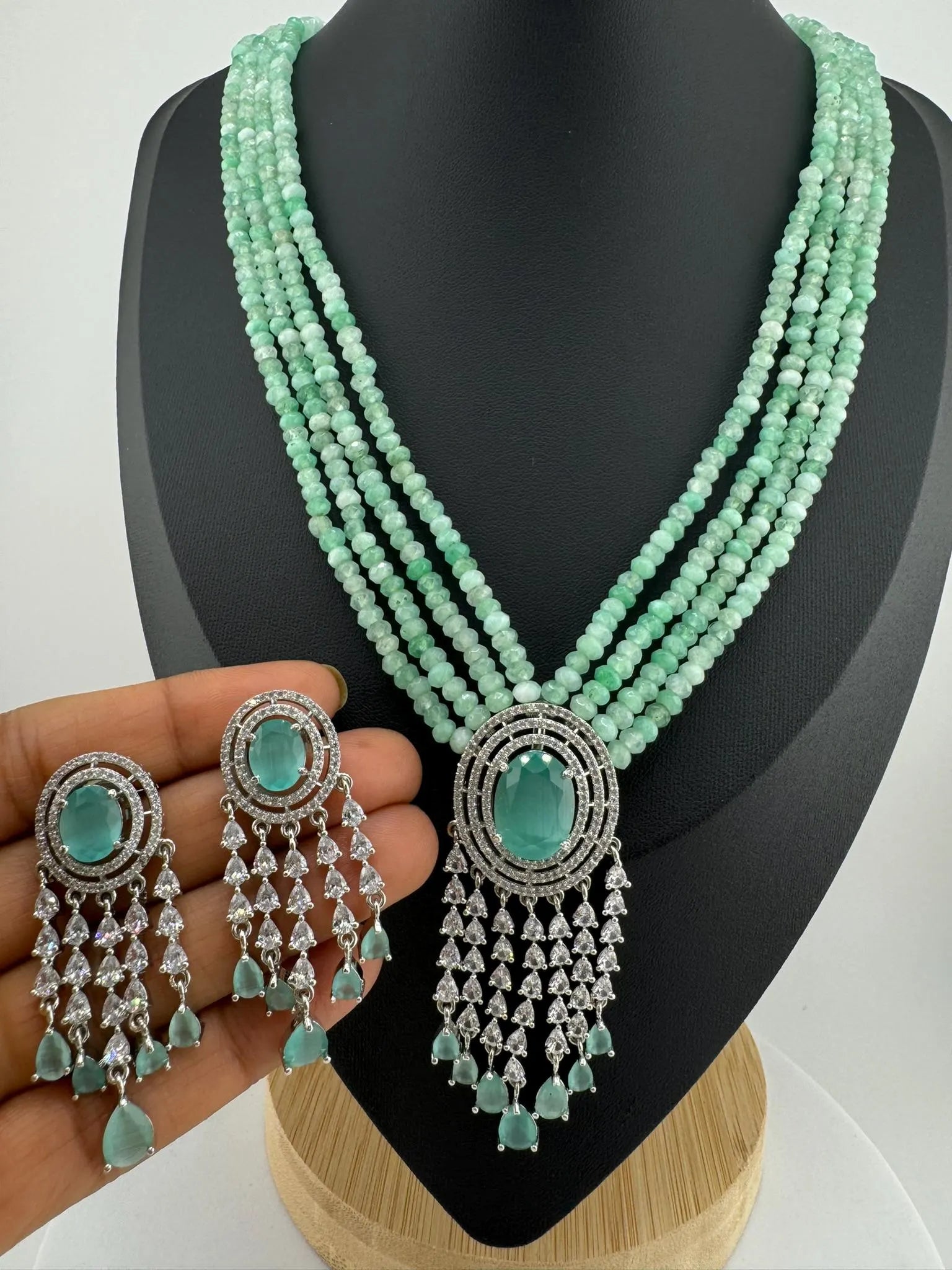 Premium Long necklace, Rani Haar with CZ pendant, natural stones and onyx beads Long Necklace set
