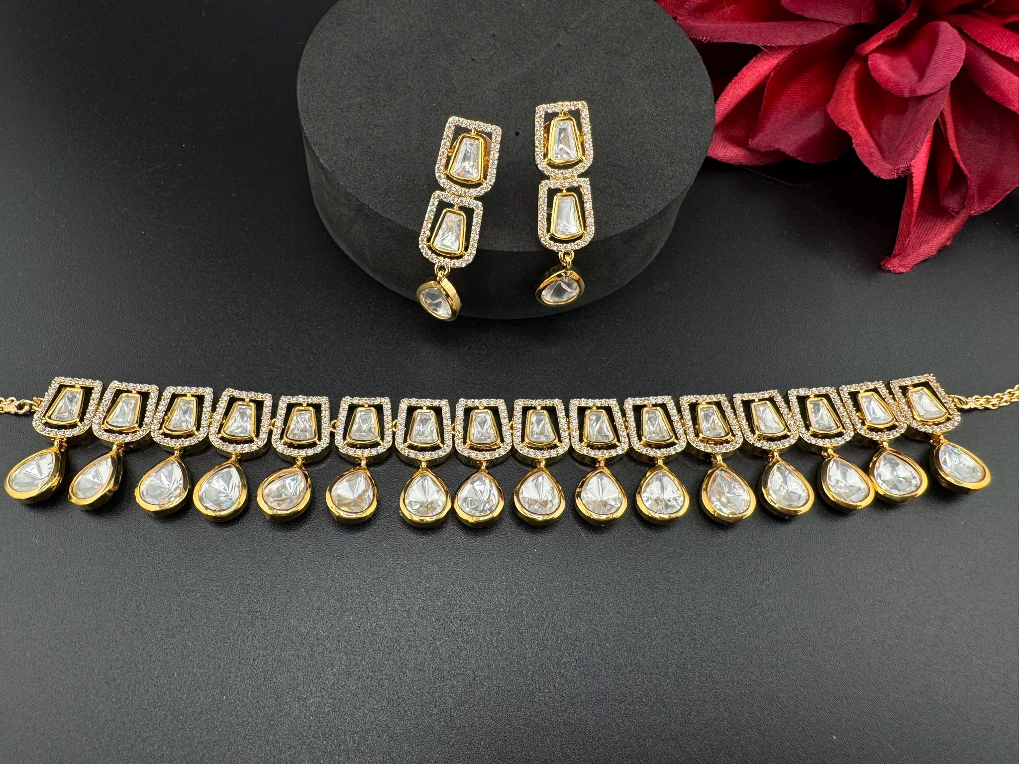 Premium Quality Moissanite Uncut Kundan & CZ is Tyaani Inspired Designer Necklace set with earrings