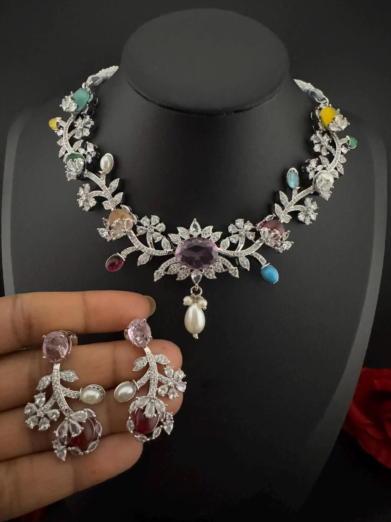 Pink Premium American Diamond, Cubic Zirconia, stones and Pearls Floral Necklace with earrings