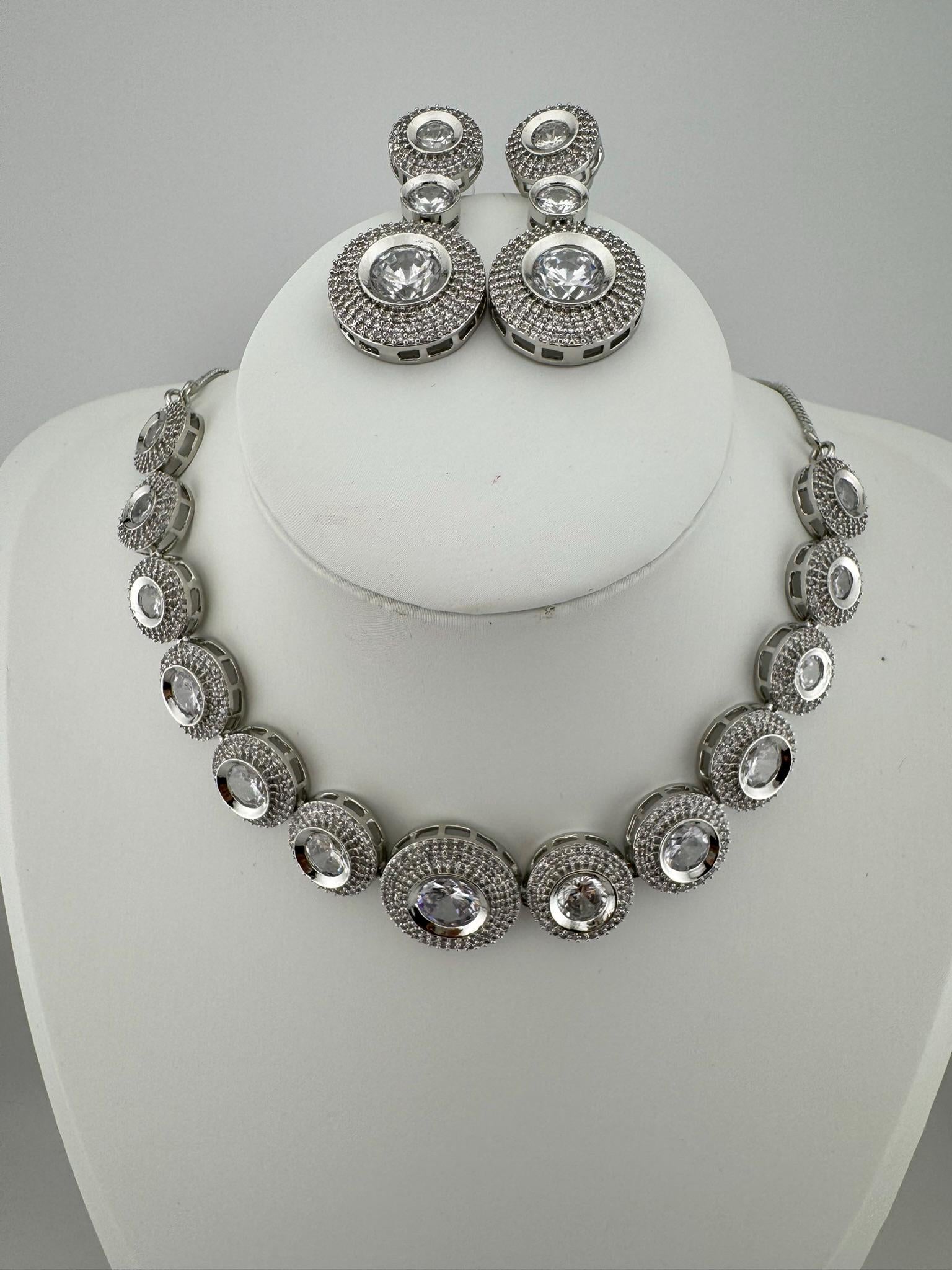 Premium American Diamond, Cubic Zirconia, Silver Polish, High Shine Sleek Necklace set with long earrings