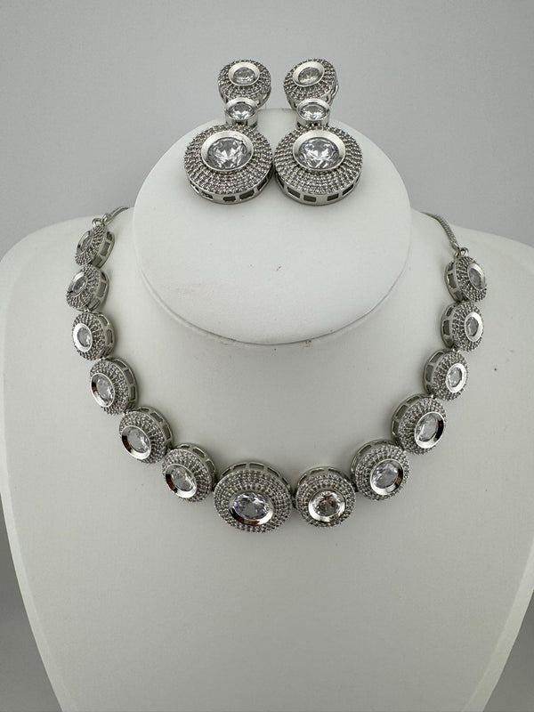 Premium American Diamond, Cubic Zirconia, Silver Polish, High Shine Sleek Necklace set with long earrings