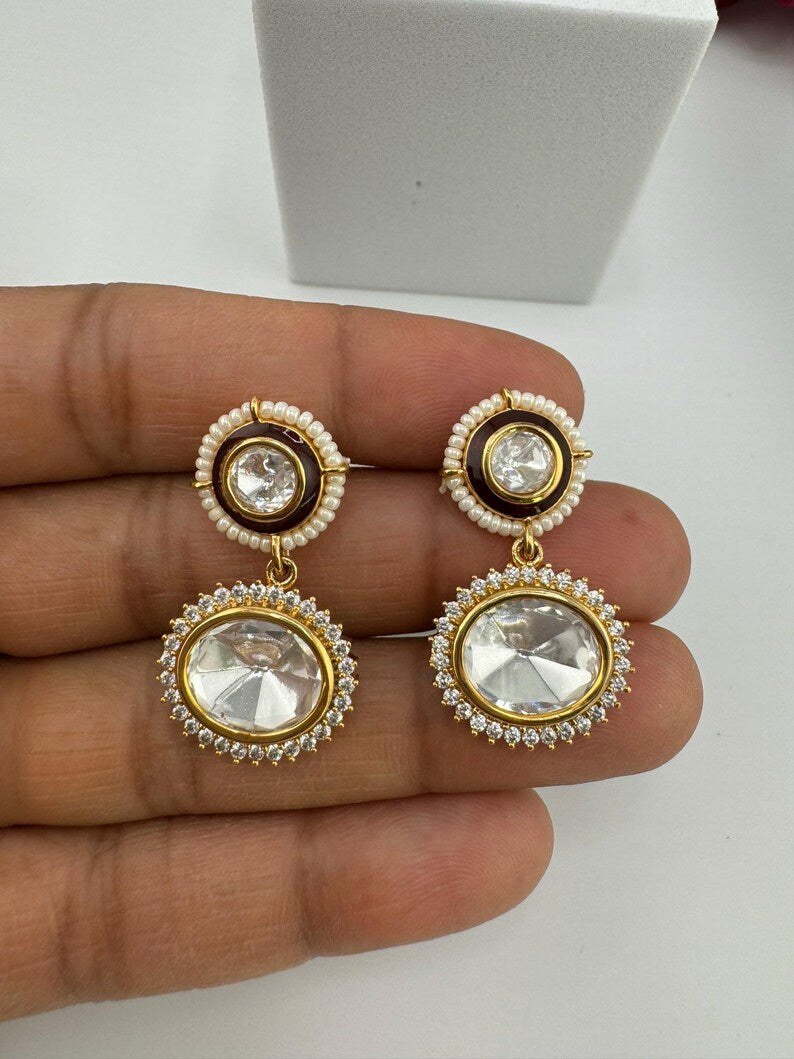 Premium Drop earring with uncut Kundan, CZ, pearls is Tyaani inspired Earrings