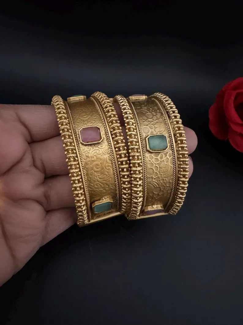 Amrapali inspired Designer Openable Broad bangle in Matt Gold finish set of 2