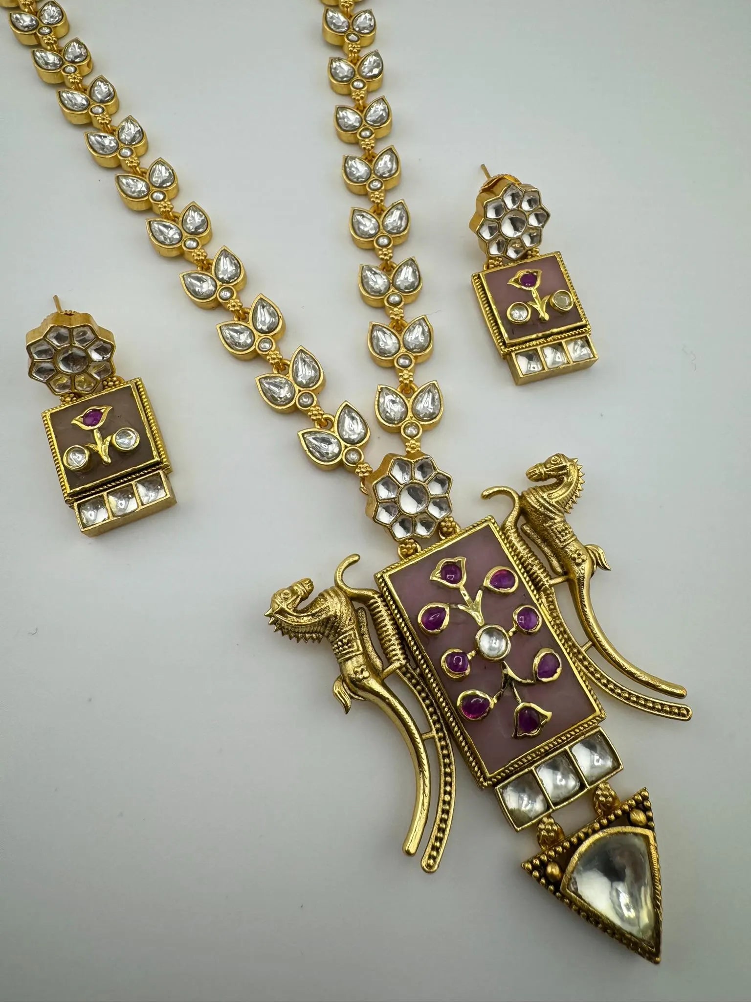 Pink Amrapali Inspired, Premium Quality Inlay work on natural stone long Necklace set
