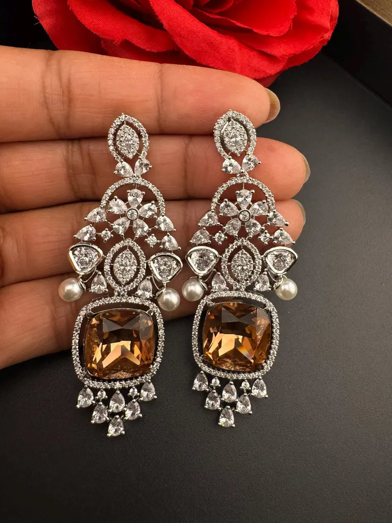 Champagne Cubic Zirconia Chandelier Long earrings with Pearls and Crystals