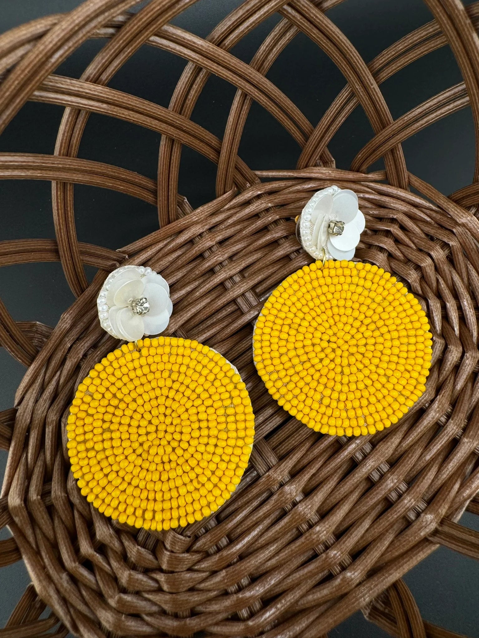 Yellow and white circle Quirky Beaded earrings