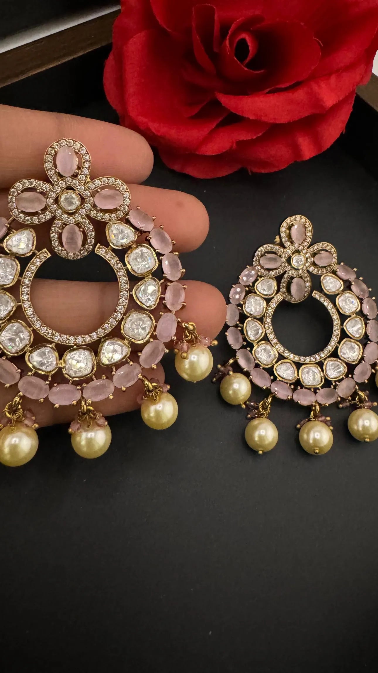 Premium Moissanite Kundan with Pink stones, CZ, Pearls designer Chandelier Earrings