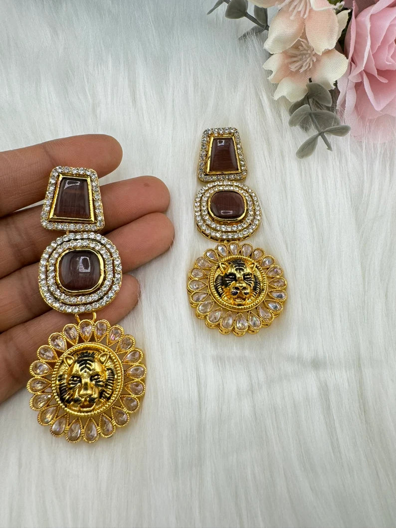Premium Sabyasachi inspired designer Chand Bali earring Wine Brown color, Long Chandelier earring