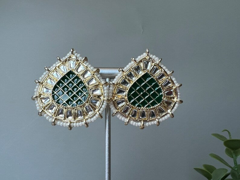 Green Gold Minakari Pearls and kundan Studs earrings