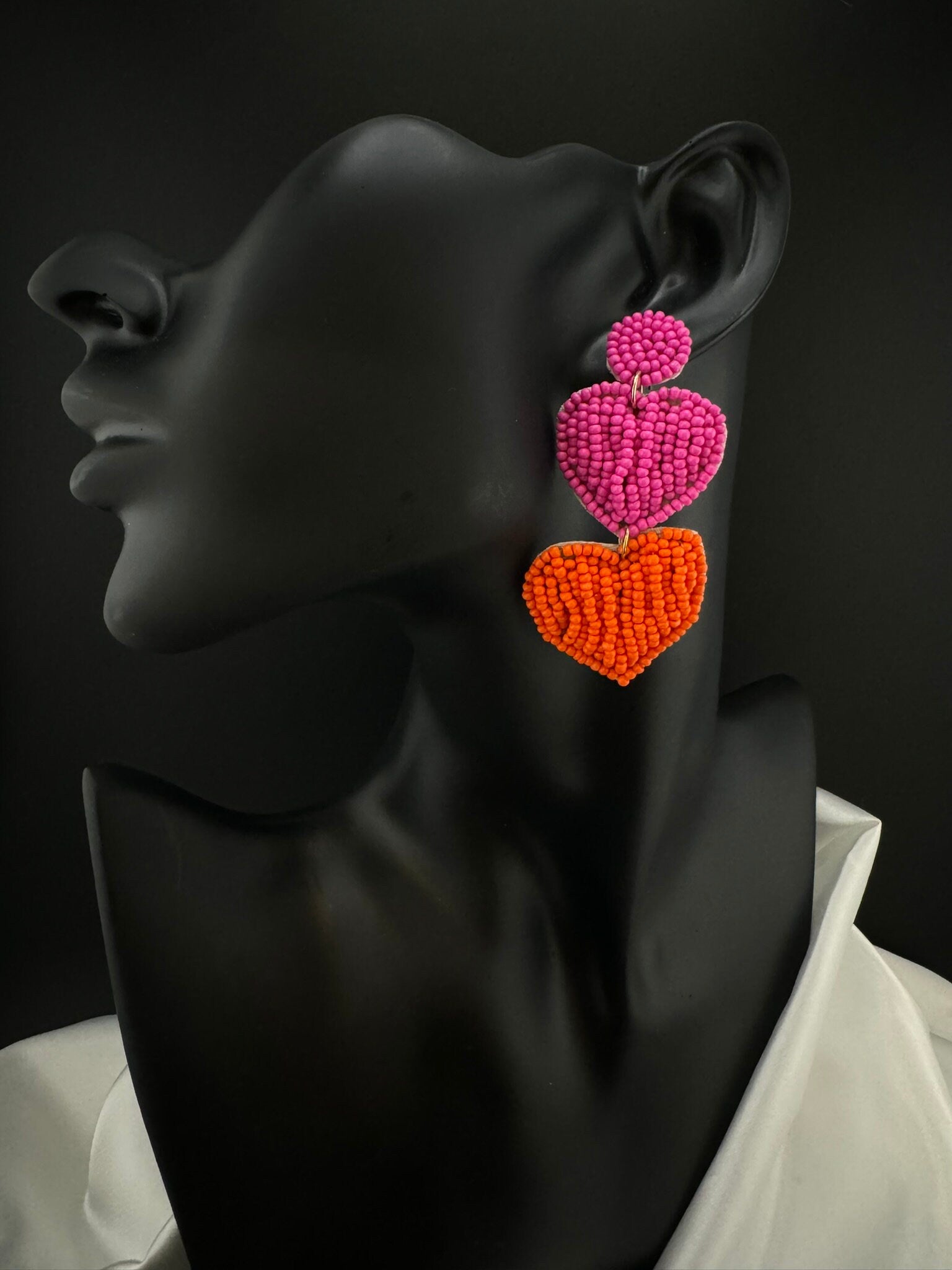 Beaded Pink and Orange Heart quirky Long earrings / Handmade earrings