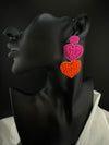 Beaded Pink and Orange Heart quirky Long earrings / Handmade earrings