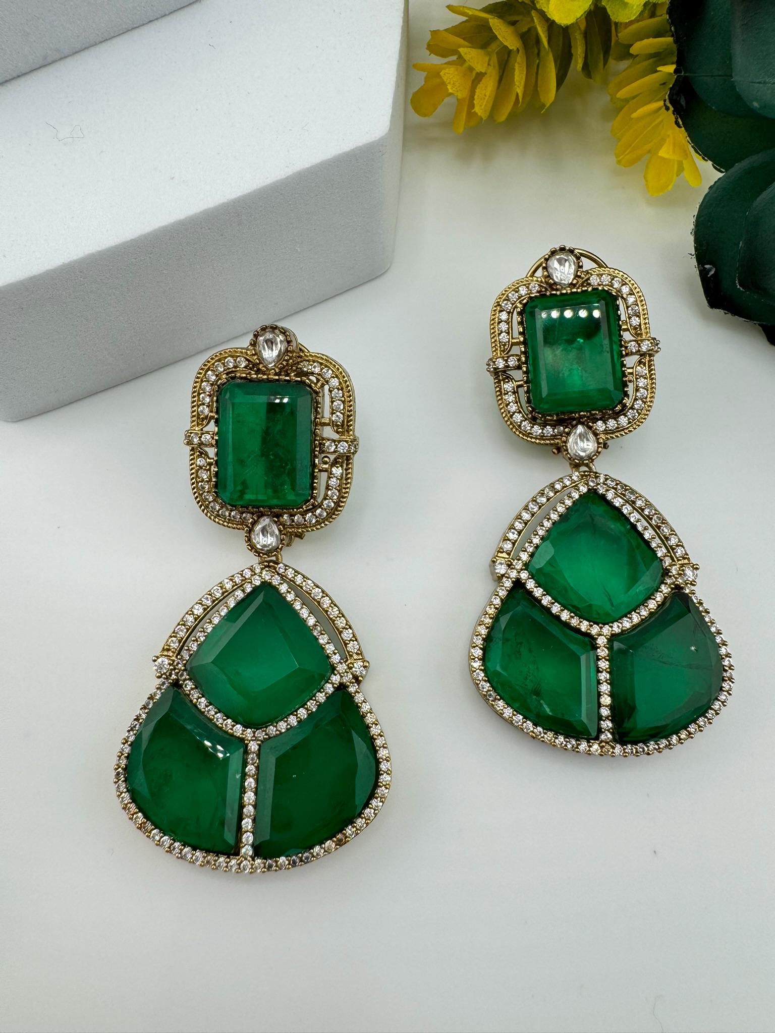 Premium Green Doublet earrings with Cubic Zirconia and kundan designer Chandelier earrings