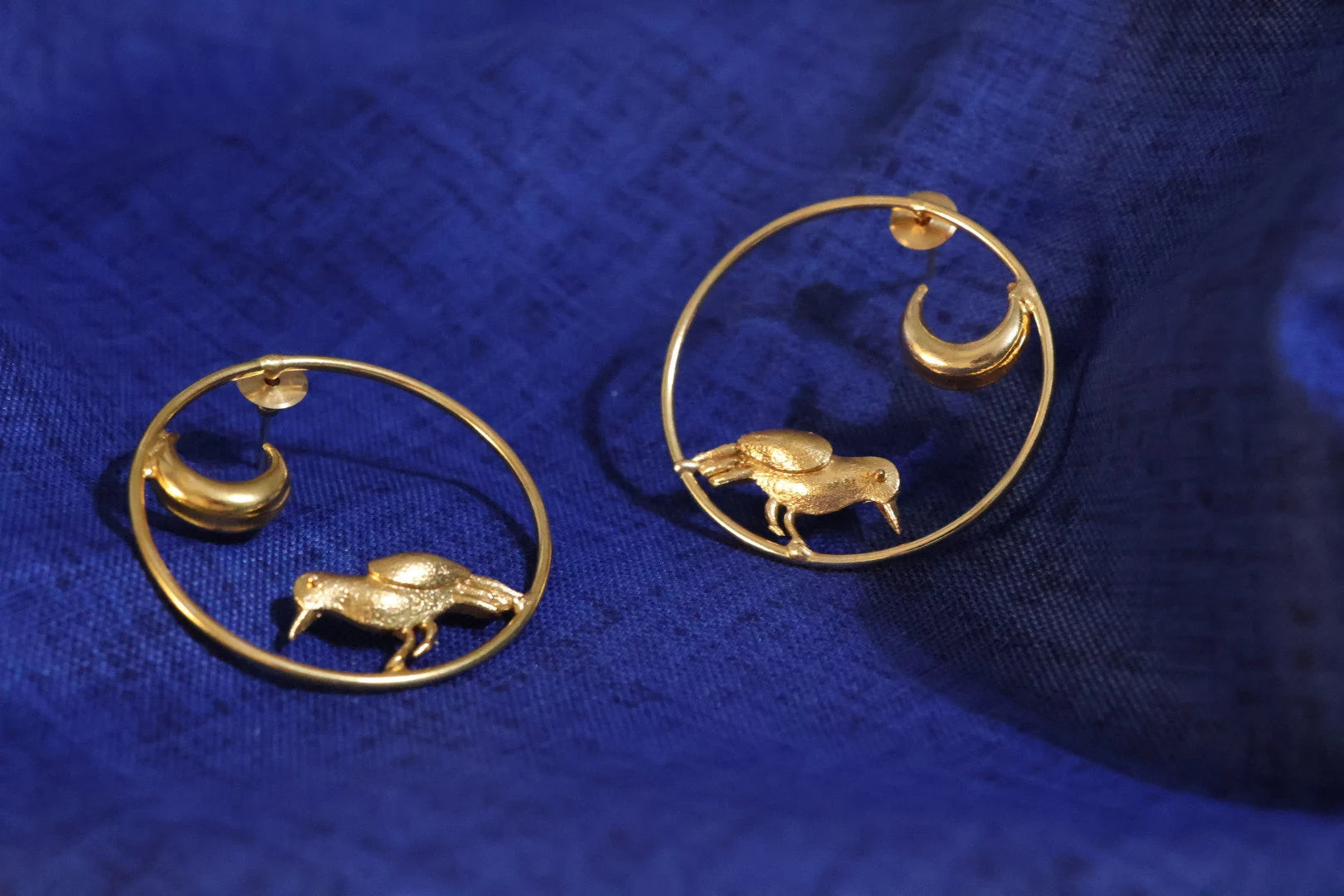 Matt Gold unique Hoop earrings in unique Moon and  Bird design