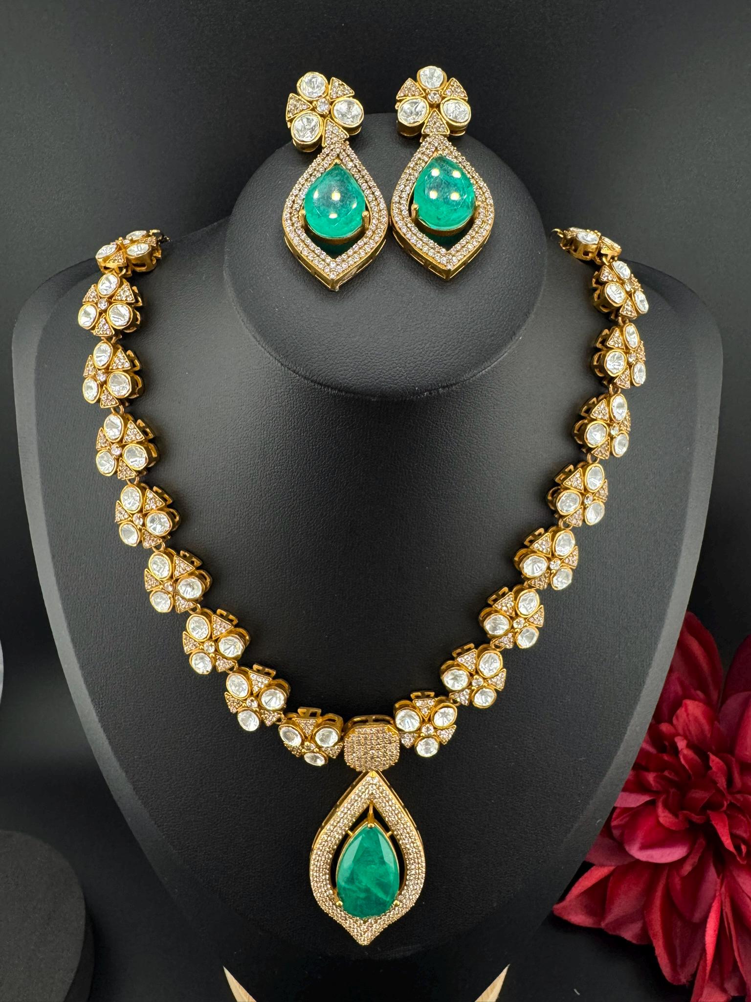 Polki Premium Moissanite Kundan, CZ, Turquoise Doublet Stone Long Necklace set with earrings