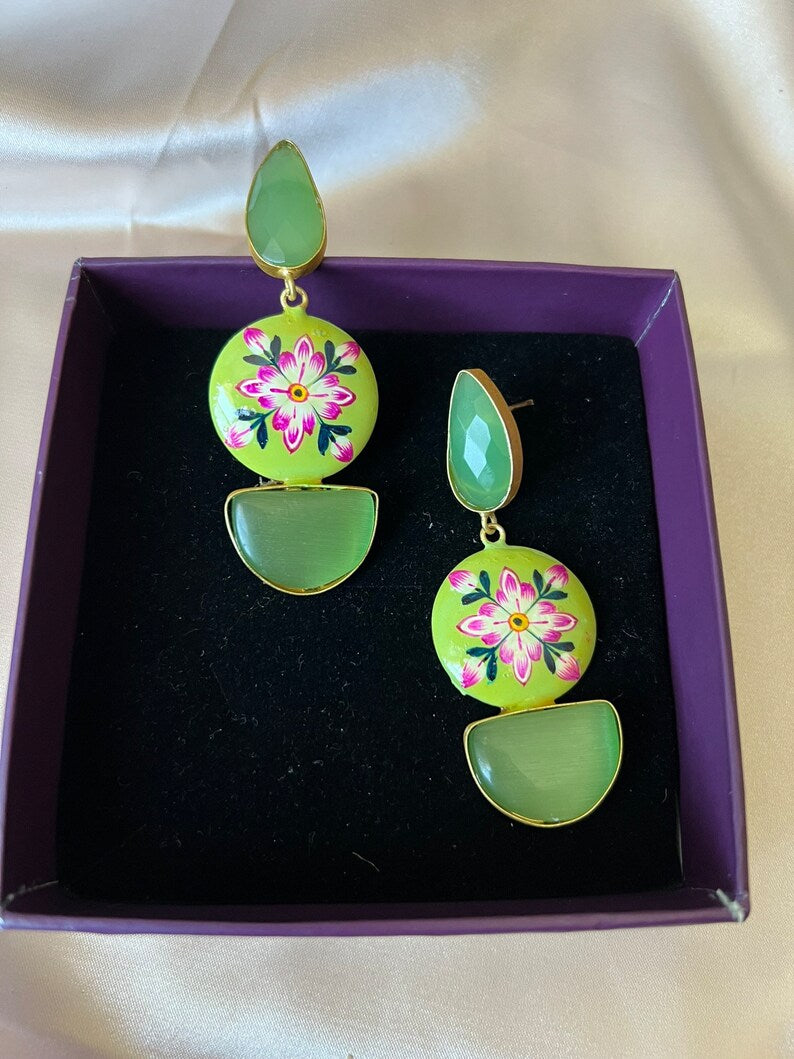 Gold and Light Green earring with Minakari and Monalisa Stone