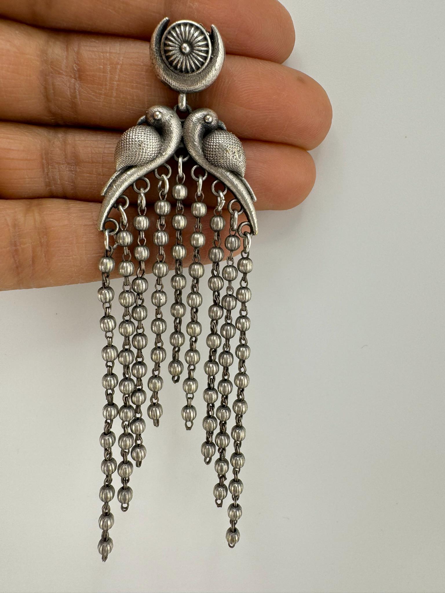 Peacock German Silver oxidized silver long earring with Tassel