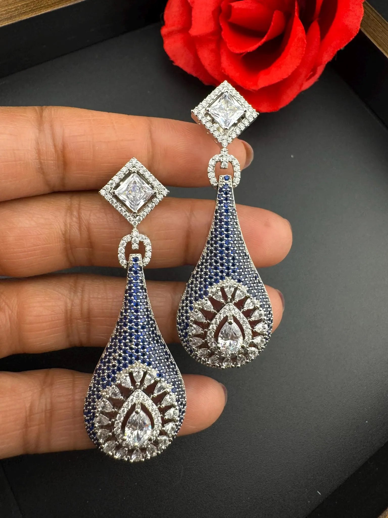 Blue Premium Nano Setting Cubic Zirconia Long Drop earrings with Clear crystal stones