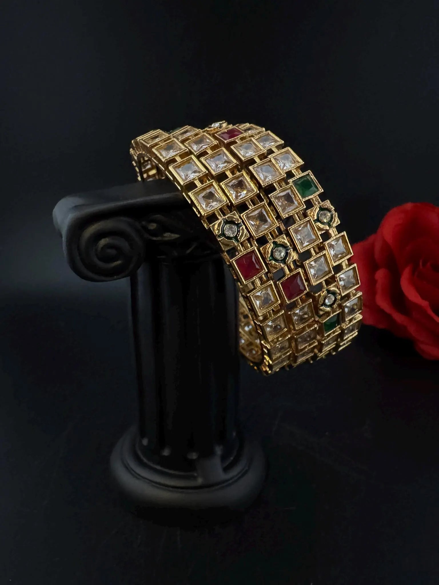 Set of 4 Matt Gold and multicolor stones in Amrapali inspired bangles set
