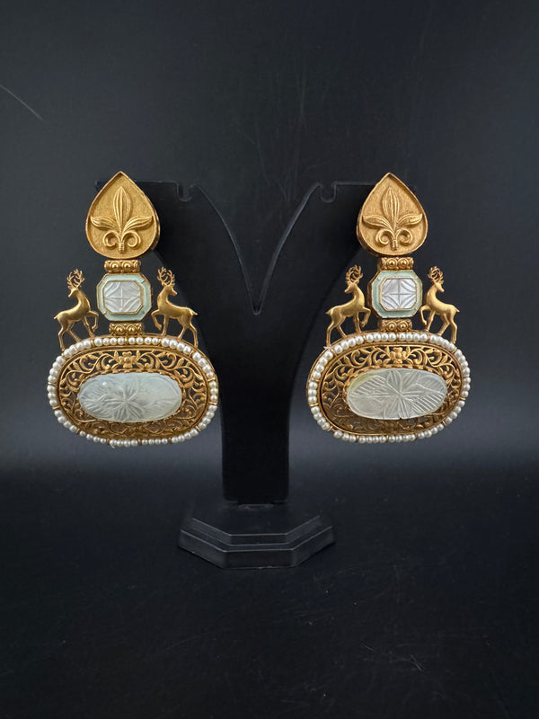Antique Gold, Enamel, Mother of Pearl Chandbali Dangle Earrings, Amrapali inspired Designer jewelry