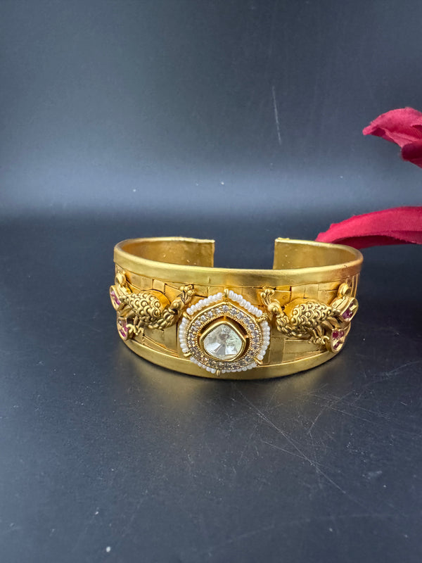 Moissanite Kundan, CZ, pearl Peacock Cuff Bracelet Bangle, Gold Polish Bangle (Fits 2.6" Diameter)
