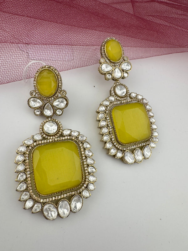 Gold with Yellow Doublet stone, kundan, cubic zirconia chandbali Drop earrings, Indian Jewelry