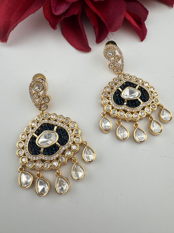 Gold and small pearls, Kundan, Cubic Zirconia Chandelier Chandbali Earrings, CZ, Designer jewelry