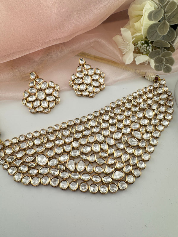 Kundan, Moissanite, CZFlexible Gold Bridal necklace set, Indian Bridal Jewelry
