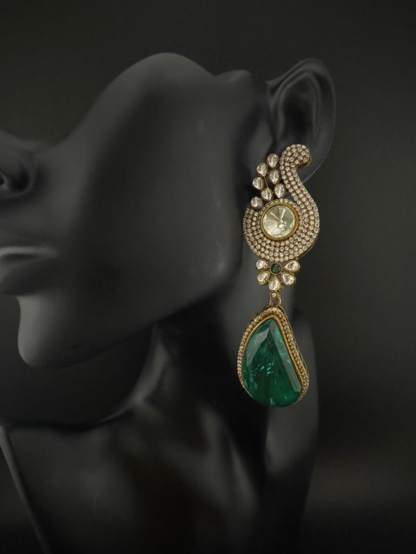 Kundan, CZ, Gold, Doublet Stone Chandelier Long Earrings, Bridal, Moissanite, CZ, Peacock Designer jewelry