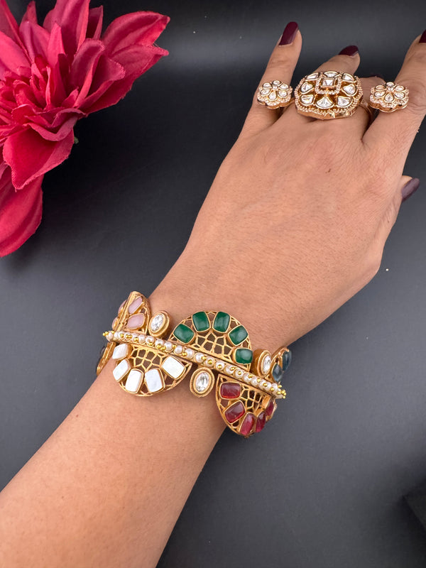 Kundan, CZ, colorful stones Bracelet Bangle, Gold Polish Bangle (Fits 2.6" Diameter)