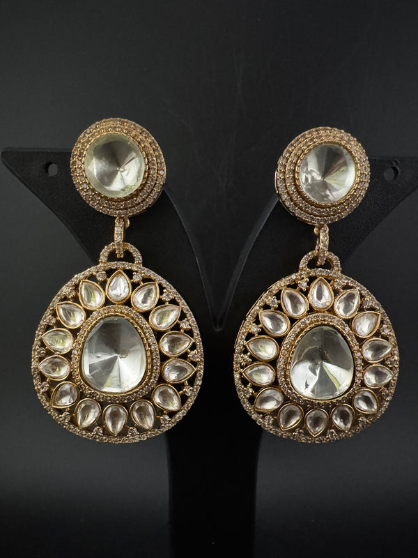 Golden Kundan, CZ, Chandbali Earrings, High shine, Bridal, Moissanite, Designer jewelry