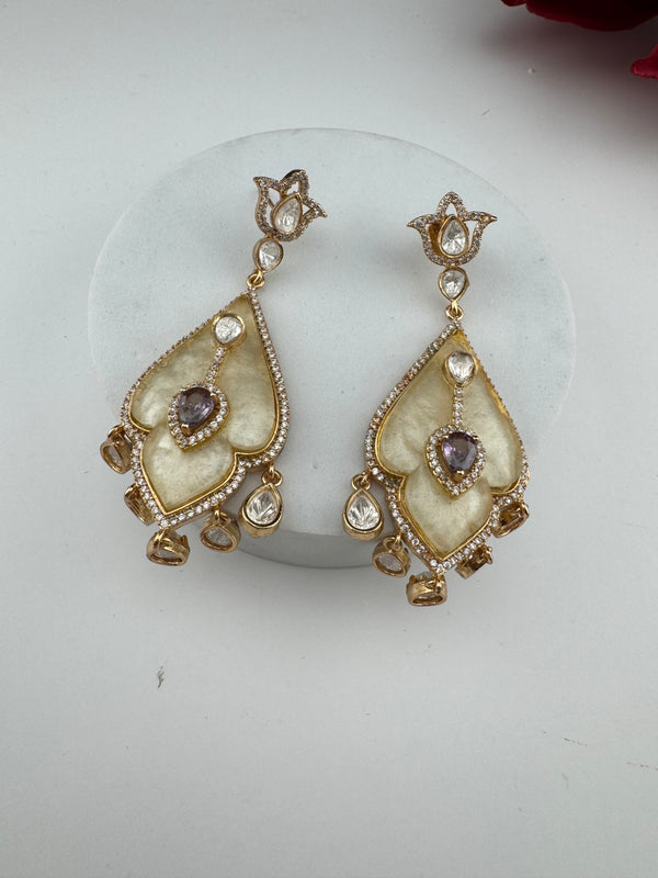 CZ and Gold, Mother of Pearl Chandelier Drop Earrings, Bridal, MOP Designer jewelry