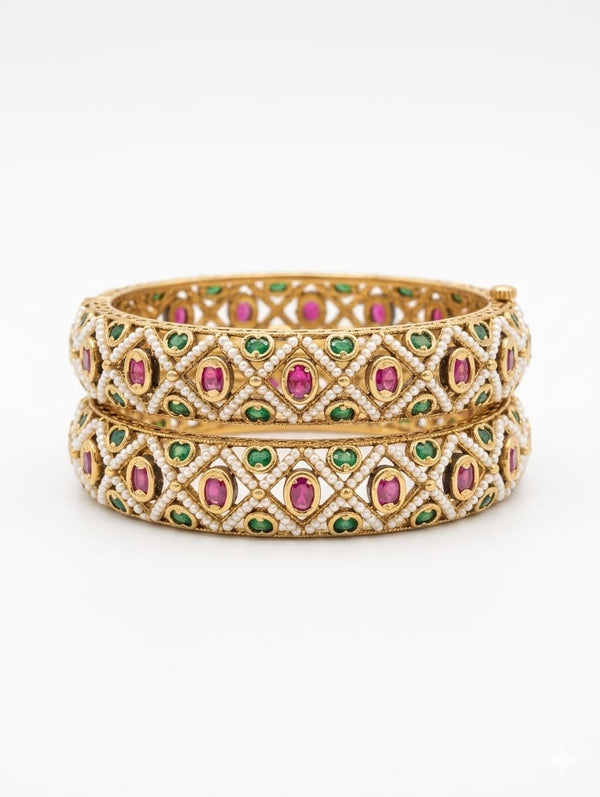 Pearls, Pachi Kundan, Openable Bracelet Bangle set of 2, Gold Polish