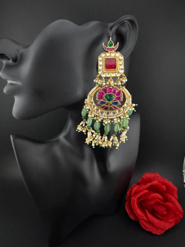 Multicolor pacchi Kundan stones Pearls Oversized Chandelier Long Earrings, Bridal, Designer jewelry