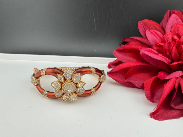 Moissanite Kundan, Enamel, CZ Adjustable Bracelet Bangle, Gold Polish Designer Bangle