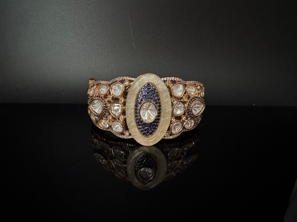 Moissanite Kundan, MOP, CZ Adjustable Bracelet Bangle, Gold Polish Designer Bangle