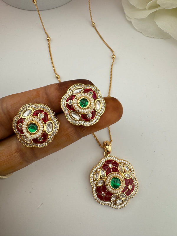 Kundan, Pachi, CZ, Stone Pendant Necklace Set with Matching Earrings, Brass CZ Jewelry