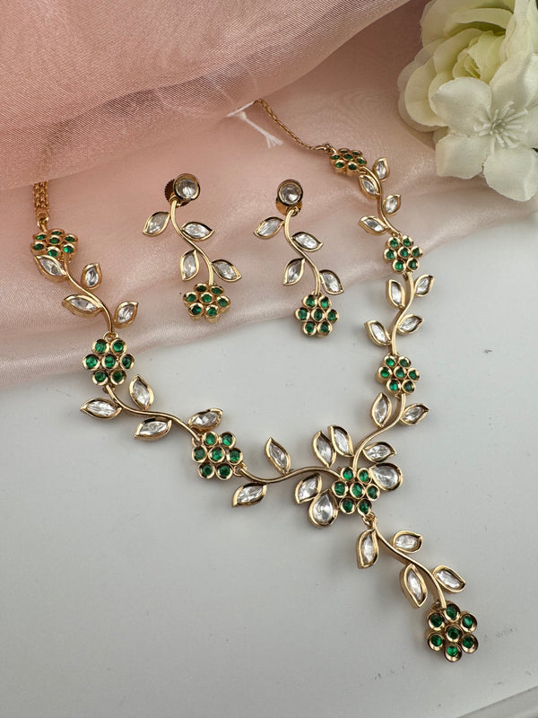 Kundan, Moissanite, stone Sleek Gold flower long necklace set, Indian Bridal Jewelry