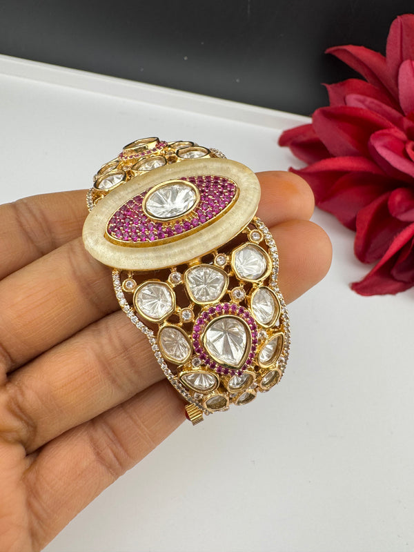 Moissanite Kundan, MOP, CZ Adjustable Bracelet Bangle, Gold Polish Designer Bangle
