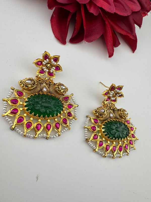 Gold and Green Carved stone, pacchi Kundan, Pearls Chandelier Chandbali Earrings, Bridal Designer jewelry