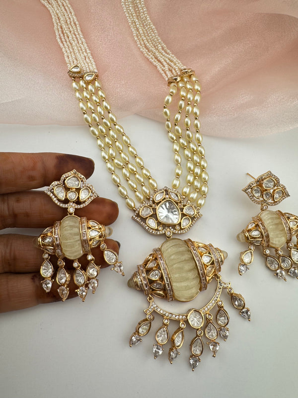 Kundan, Moissanite, MOP, CZ, Pearls Long Gold Choker necklace set, Indian Rani haar