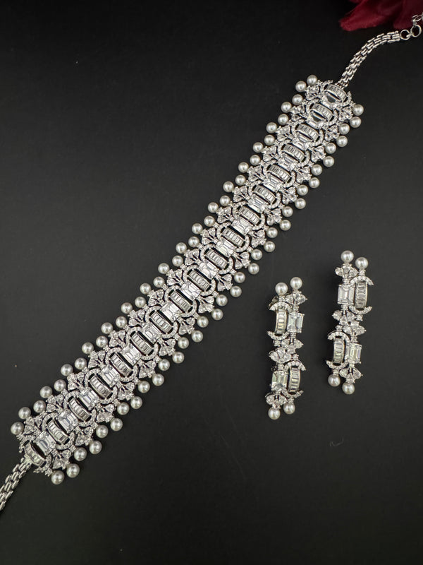 Step cut Crystals and CZ Diamond Statement Necklace Set, White Gold Plated Choker set