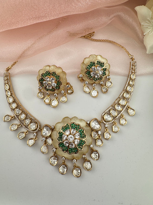Kundan, Moissanite, MOP, CZ Flexible Gold necklace set, Indian Bridal Jewelry