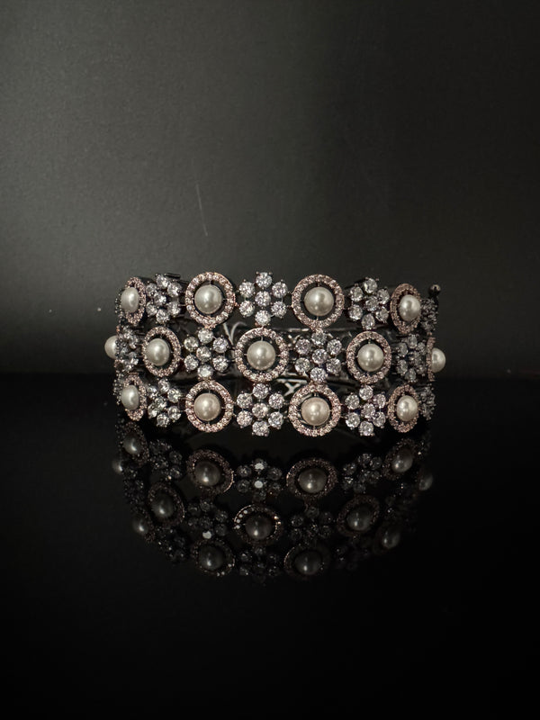Openable Designer bracelet with Pearls, crystal stones, CZ Nano setting, Fits size upto 2.6"