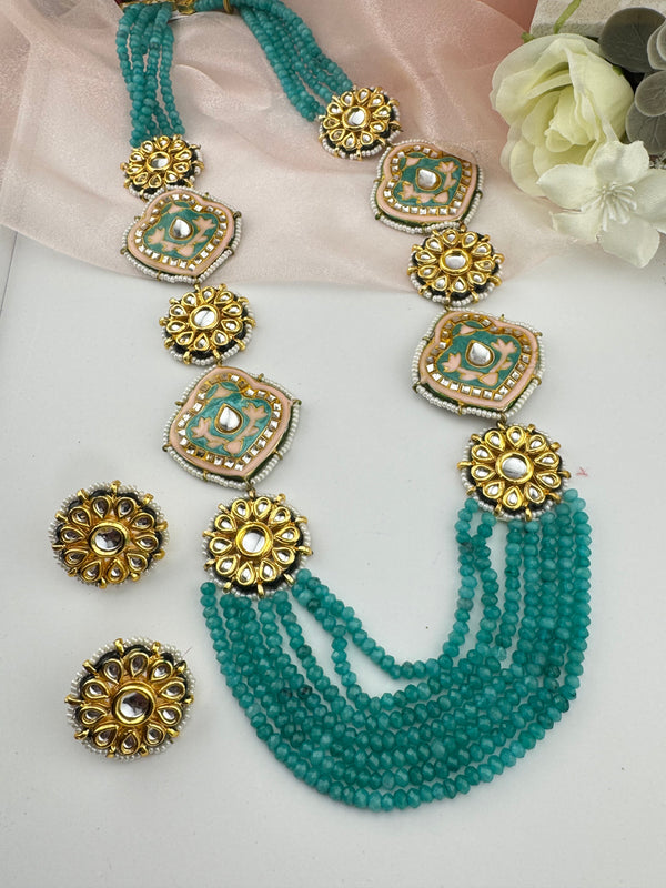 Kundan, Enamel, Minakari, Hydro Beads Long Gold Choker necklace set, Double sided Rani haar